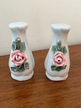 Mini Salt & Pepper Shakers Pink Rose Floral Ceramic Shabby Chic